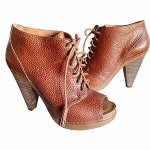 Lucky Brand Francisca Pebbled Leather Lace-Up Peep Toe Booties Brown Size 9